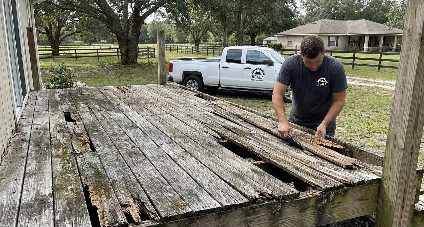 Old deck with deteriorated boards before repair by Ocala Deck Builders